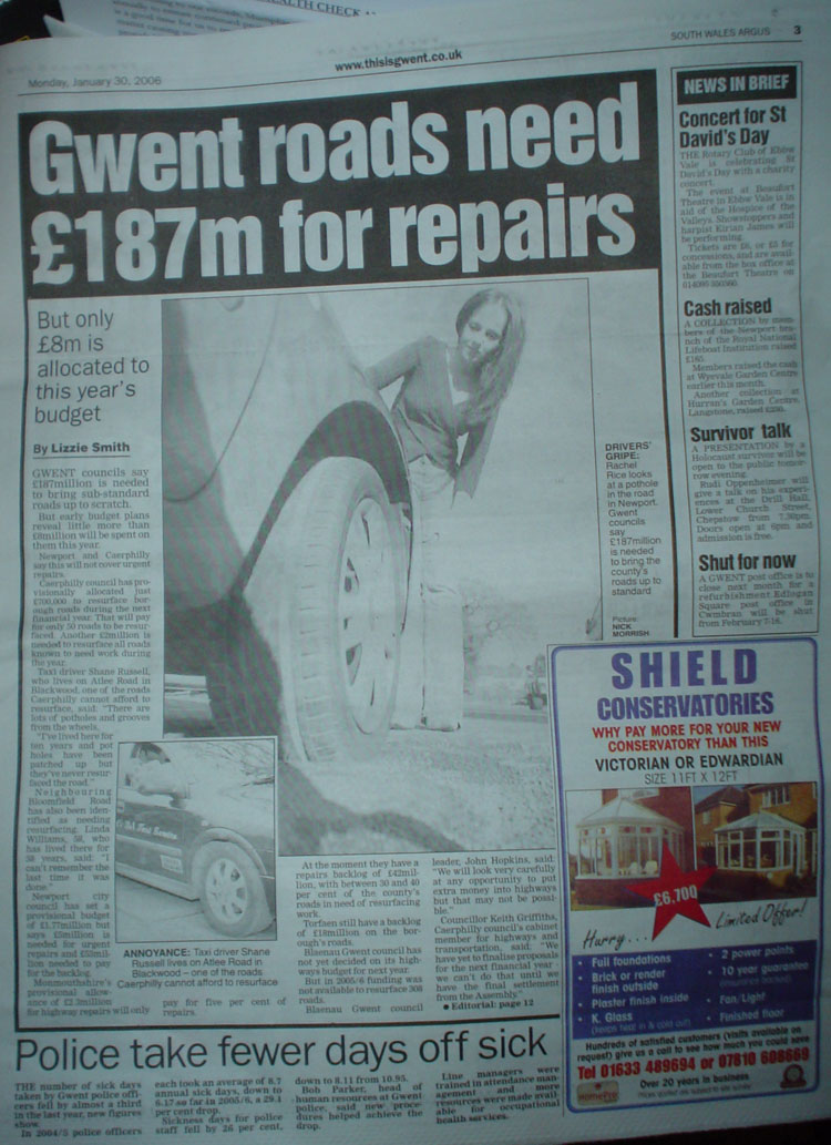 Gwent Roads Need 187m For Repairs newspaper article