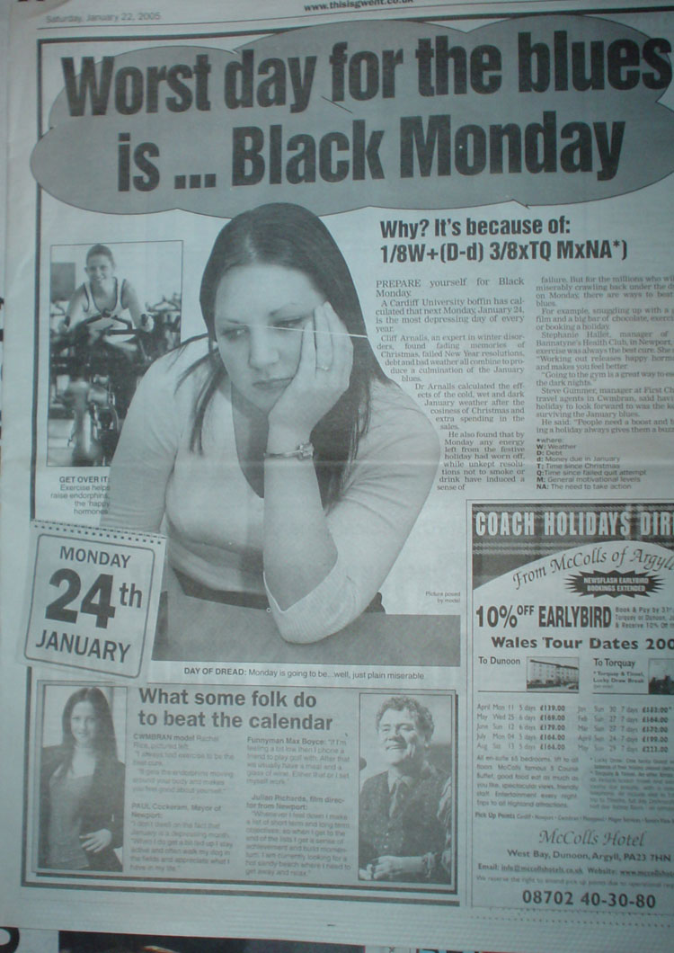 Worse day for the blues is ... black Monday newspaper article Worse day for the blues is ... black Monday newspaper article